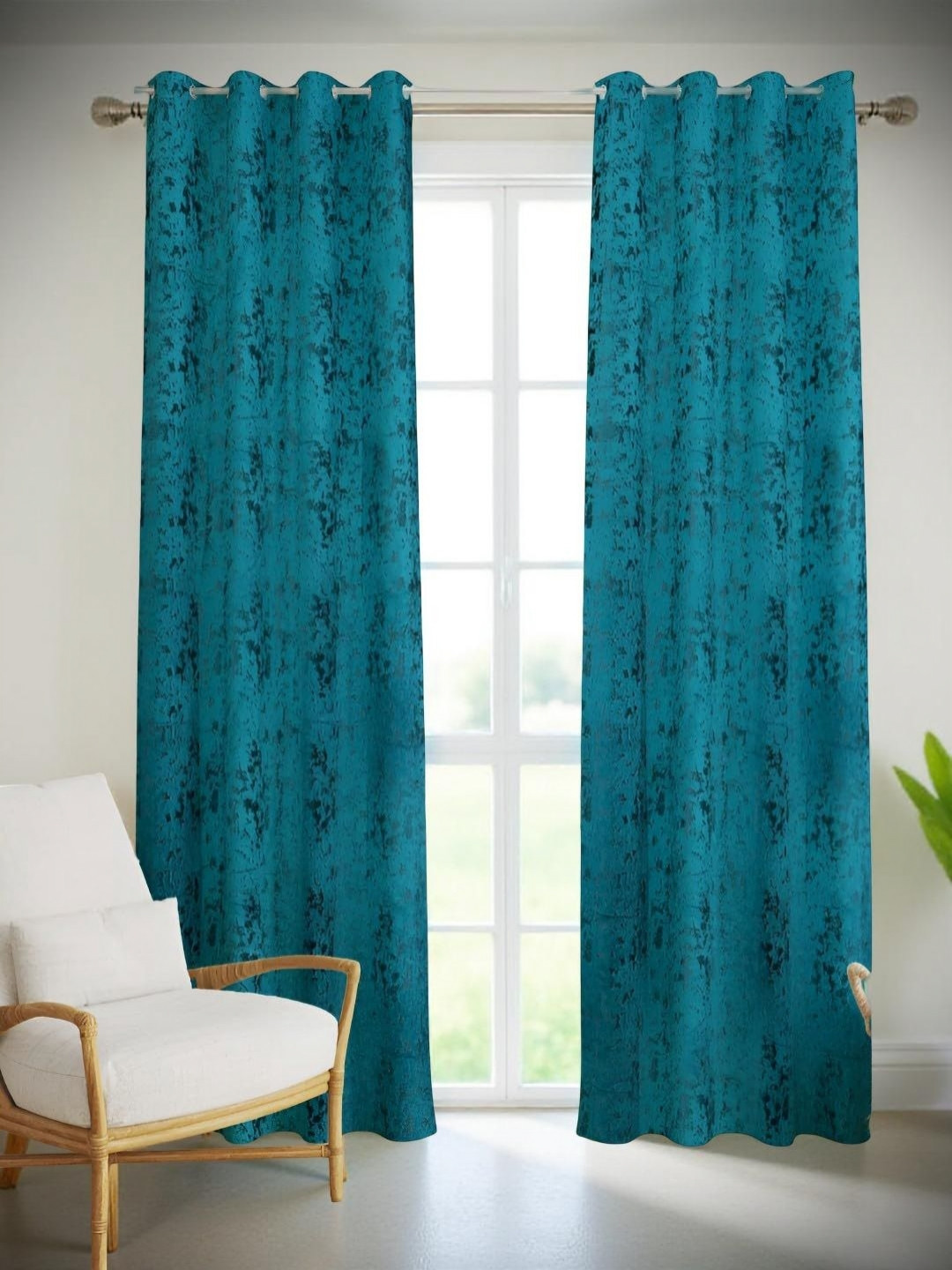 Aura Turquoise Blue 2 Pcs Self Design Breathable Room Darkening Velvet Long Door Curtains