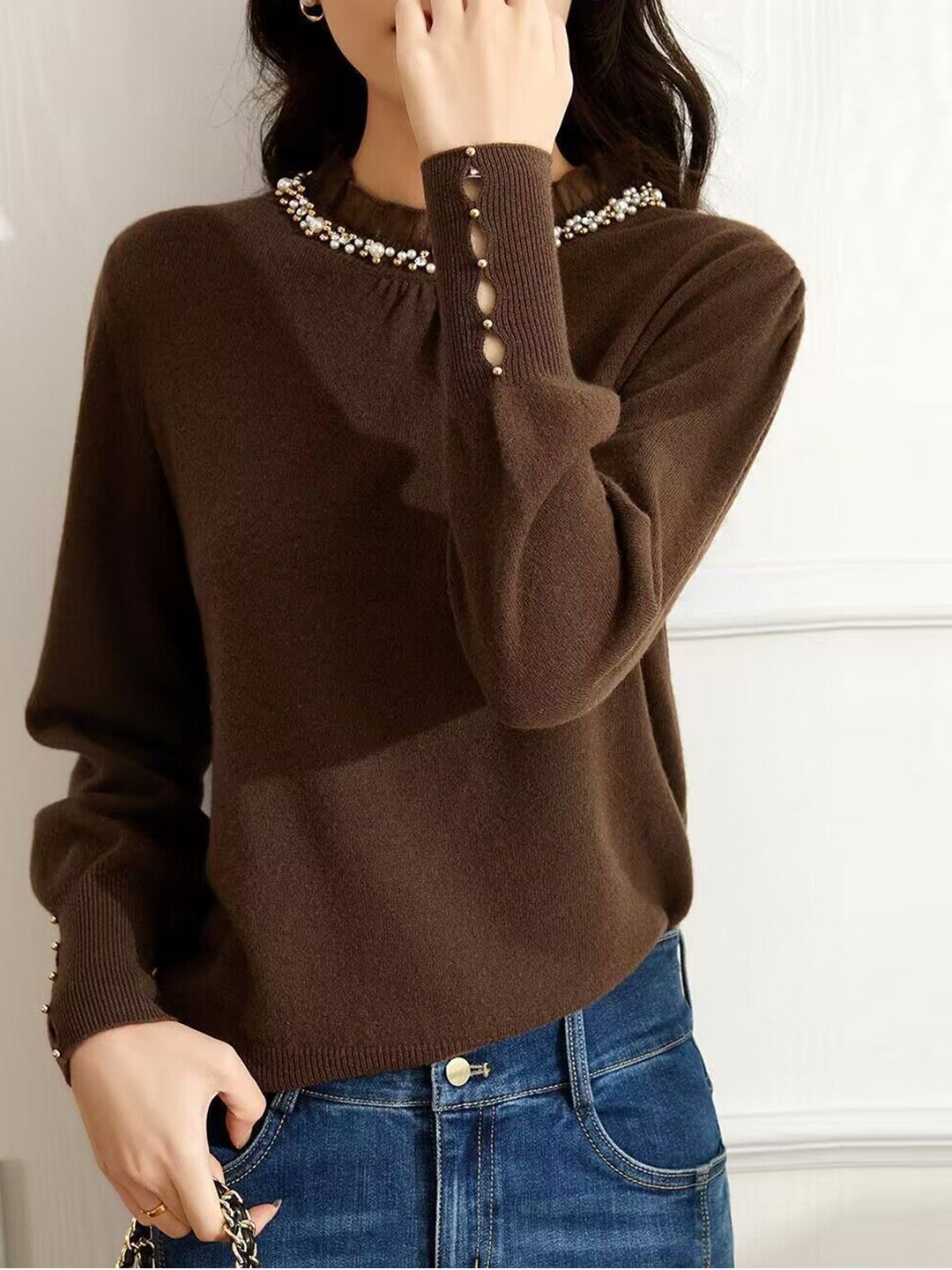 StyleCast Women Solid Embellished Round Neck Long Sleeve Pullover Knit Sweater