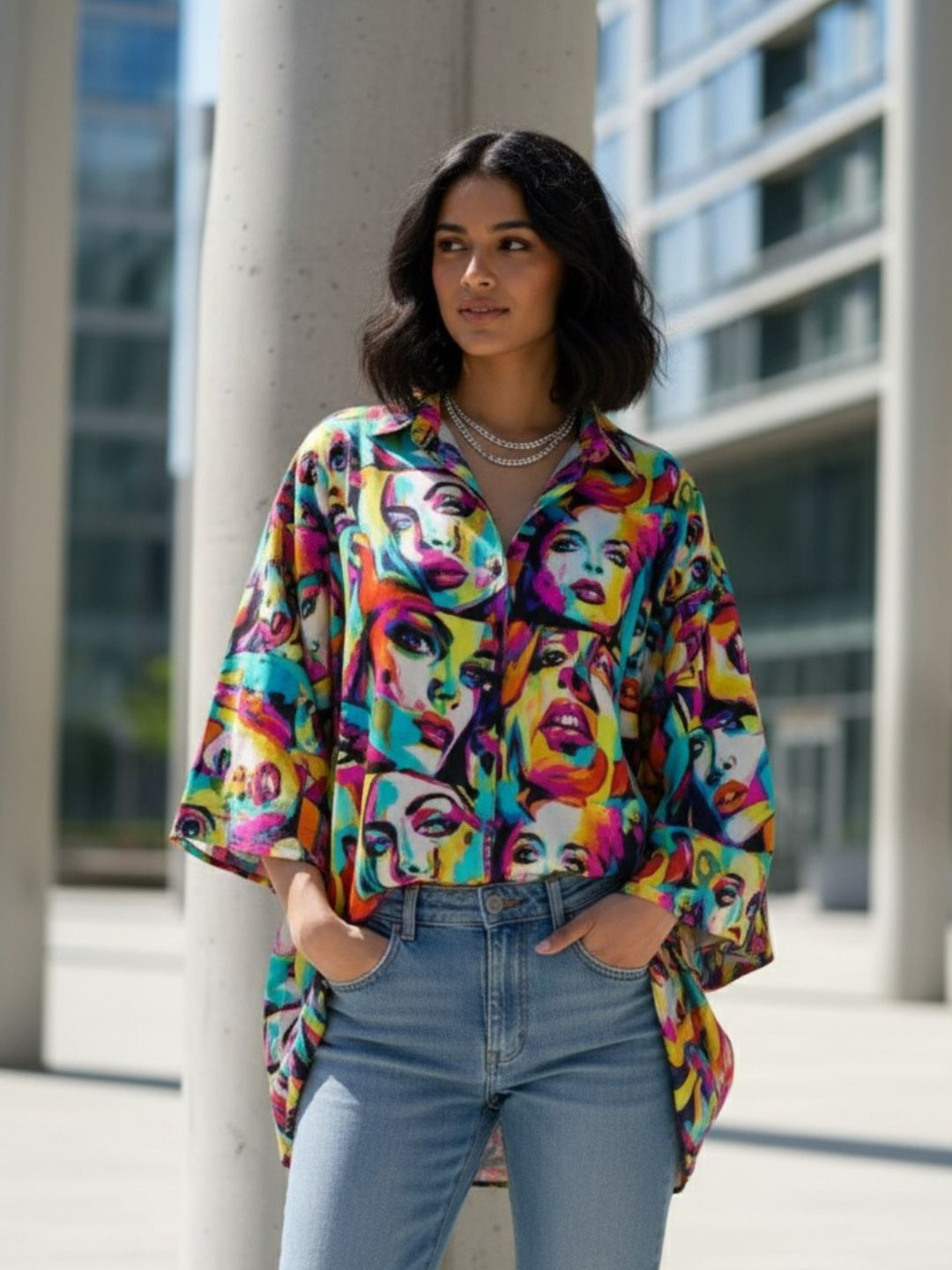 PIAAH Women Vibrant Pop Art Face Print Oversized Button-Up Shirt