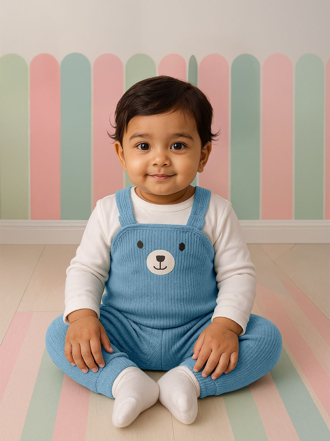 Nauti Nati Infant Boys Cotton Bear Print Blue and White Romper