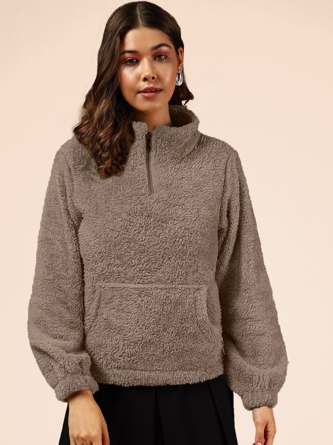 The Dry State Women Mock Collar Self Design Sherpa Jacket