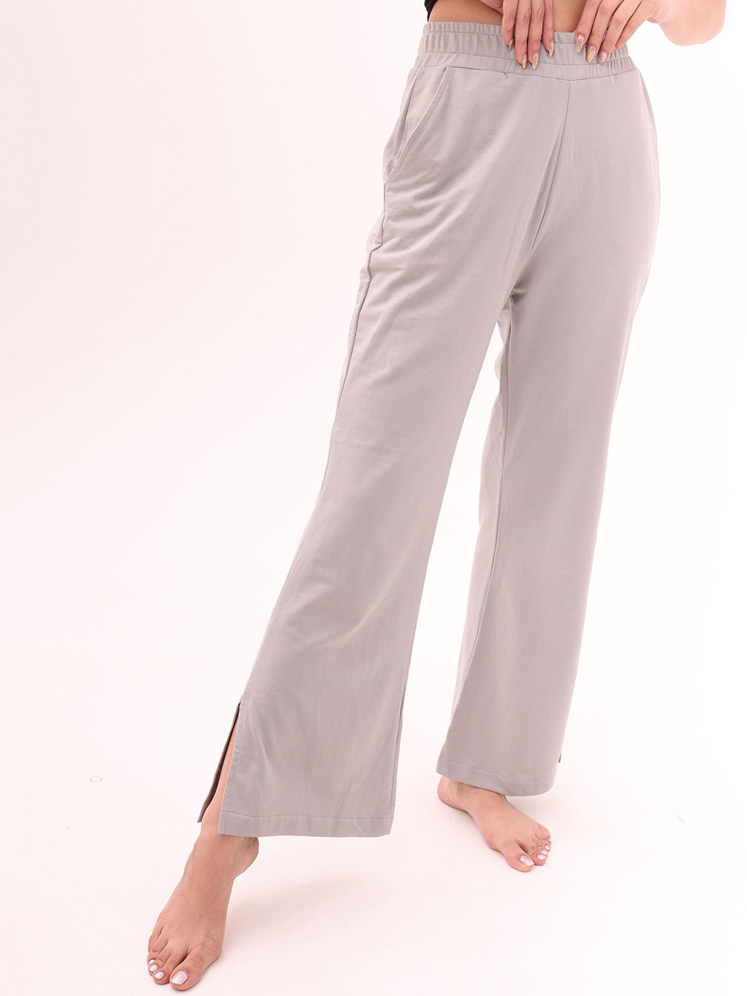 NAP STORY Women Mid-Rise Flared Side Slit Pure Cotton Lounge Pants