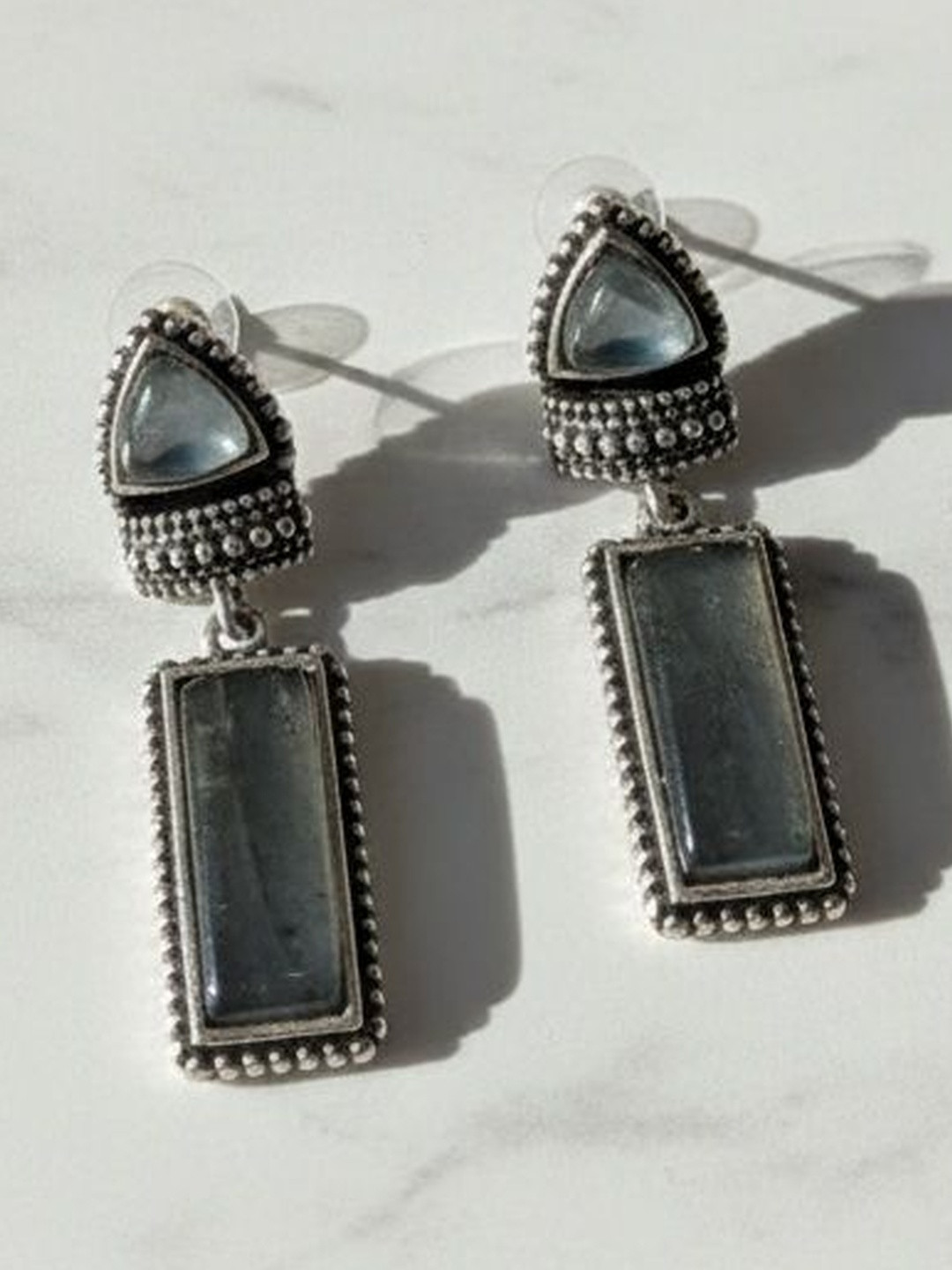Frap Silver-Plated Artificial Stones Studded And Beaded Geometric Drop Earrings