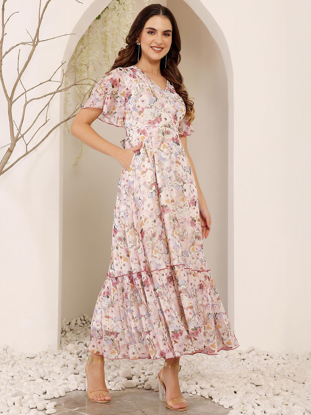 Miss Chase Womens V-Neck Flared Sleeve Floral Wrap Chiffon Maxi Dress