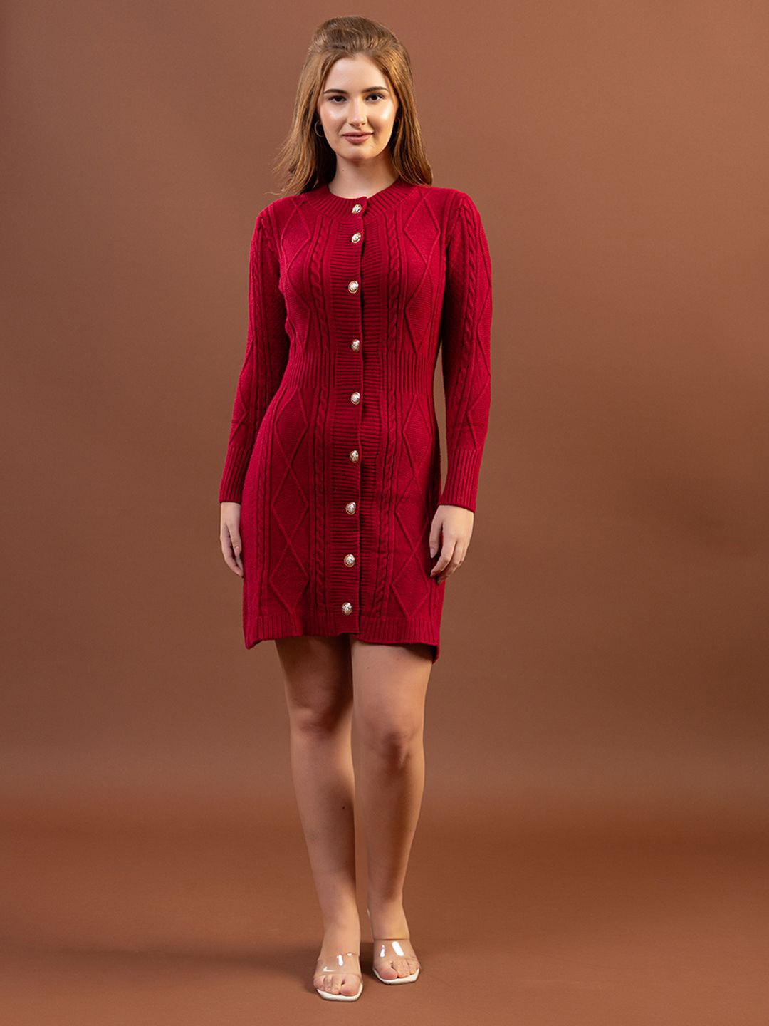 GFO Woollen Round Neck Button-Front Knit Sheath Dress