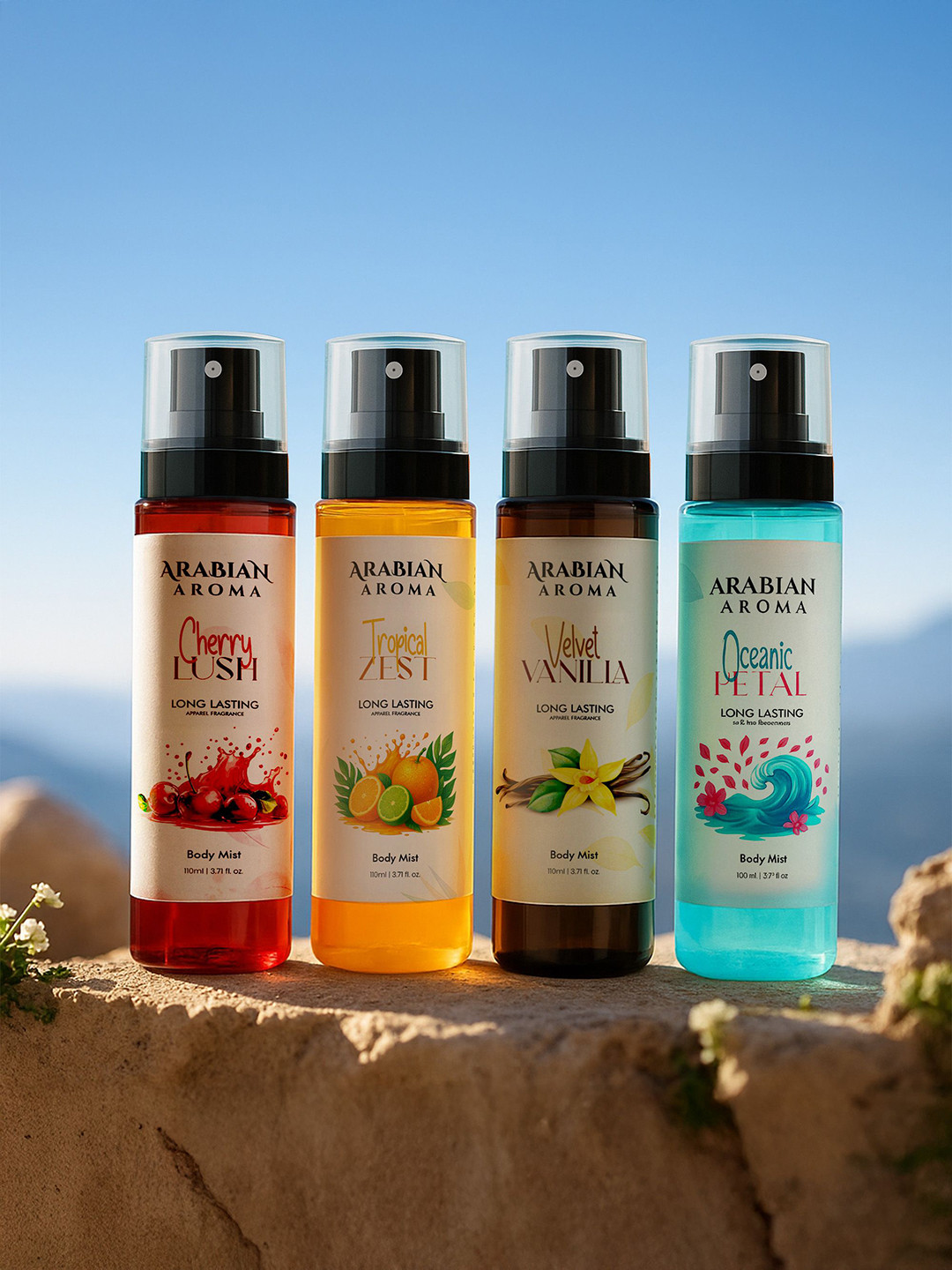 Arabian Aroma Women Set Of 4 Cherry Lush, Tropical Zest & Oceanic Petal Body Mist
