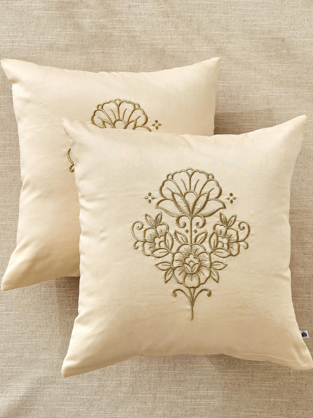 Home Centre Velin Beige & Gold Toned 2 Pieces Embroidered Square Cushion Covers