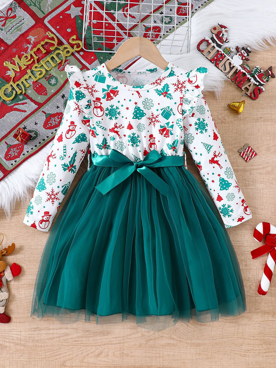 YK Girls Christmas Floral Printed Net Fit & Flare Dress