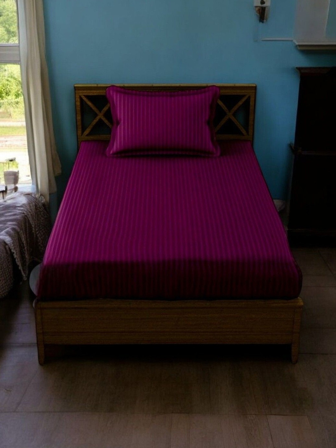 WELLNEST Purple 110 TC Cotton Fitted Single Bedsheets