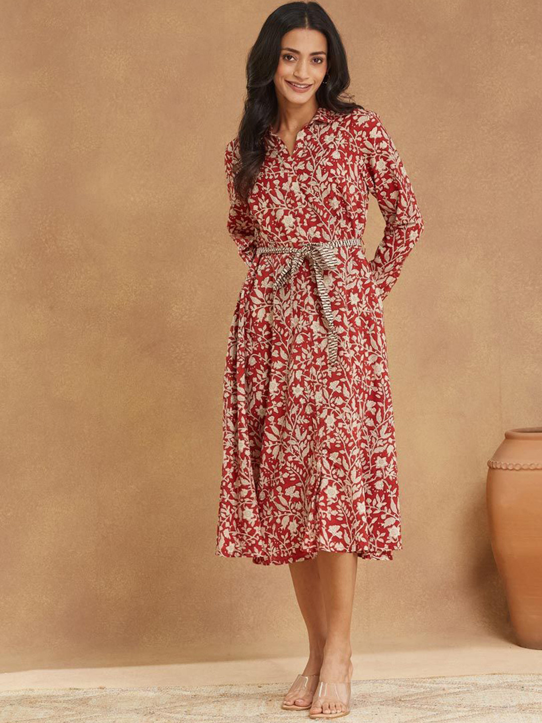 Fabindia Women's Red Printed Spread Collar Full Sleeves Fit & Flared Dress