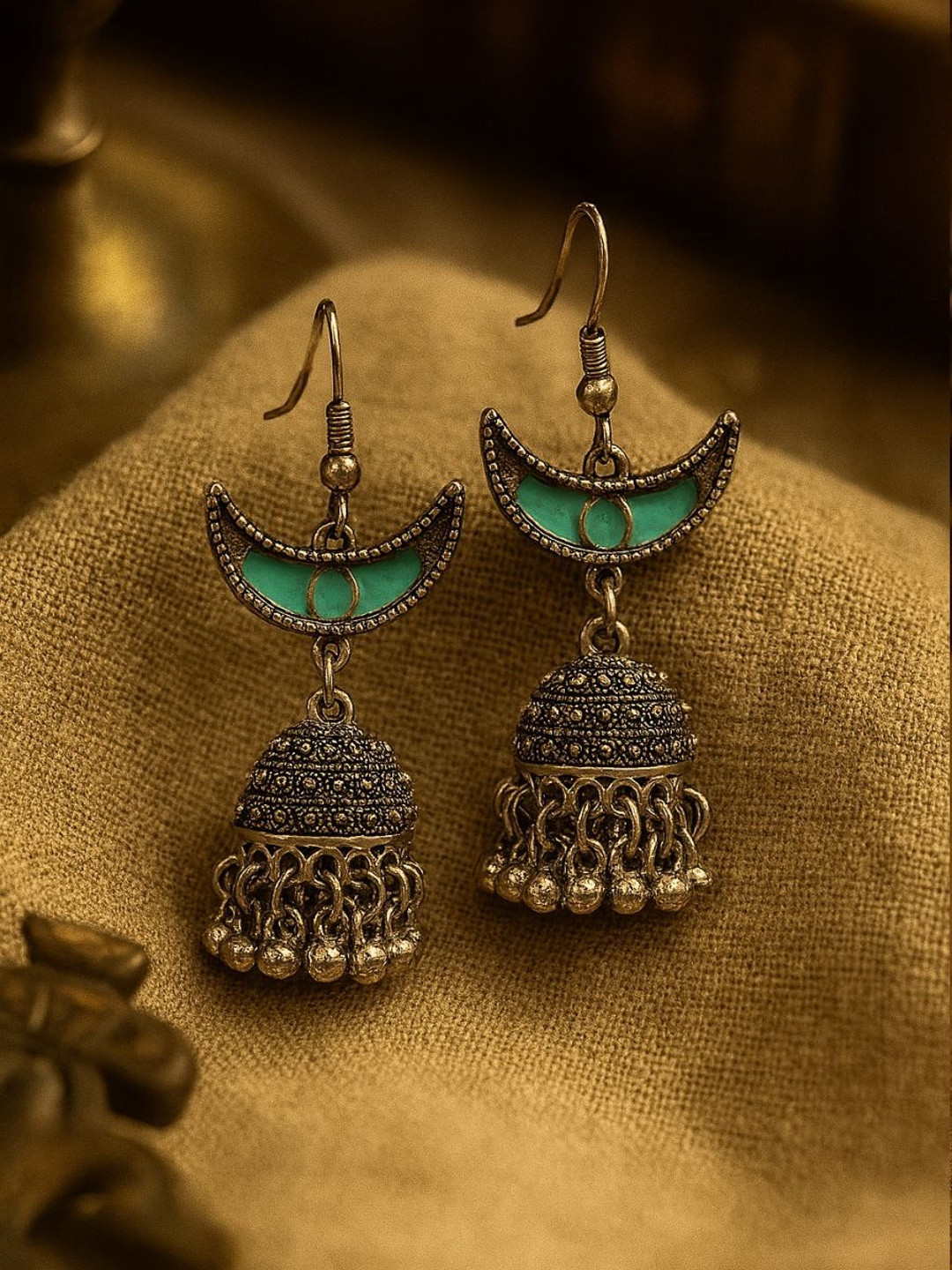 EVERSTYLISH RAJASVI Silver-Plated Oxidised Crescent Shaped Jhumkas