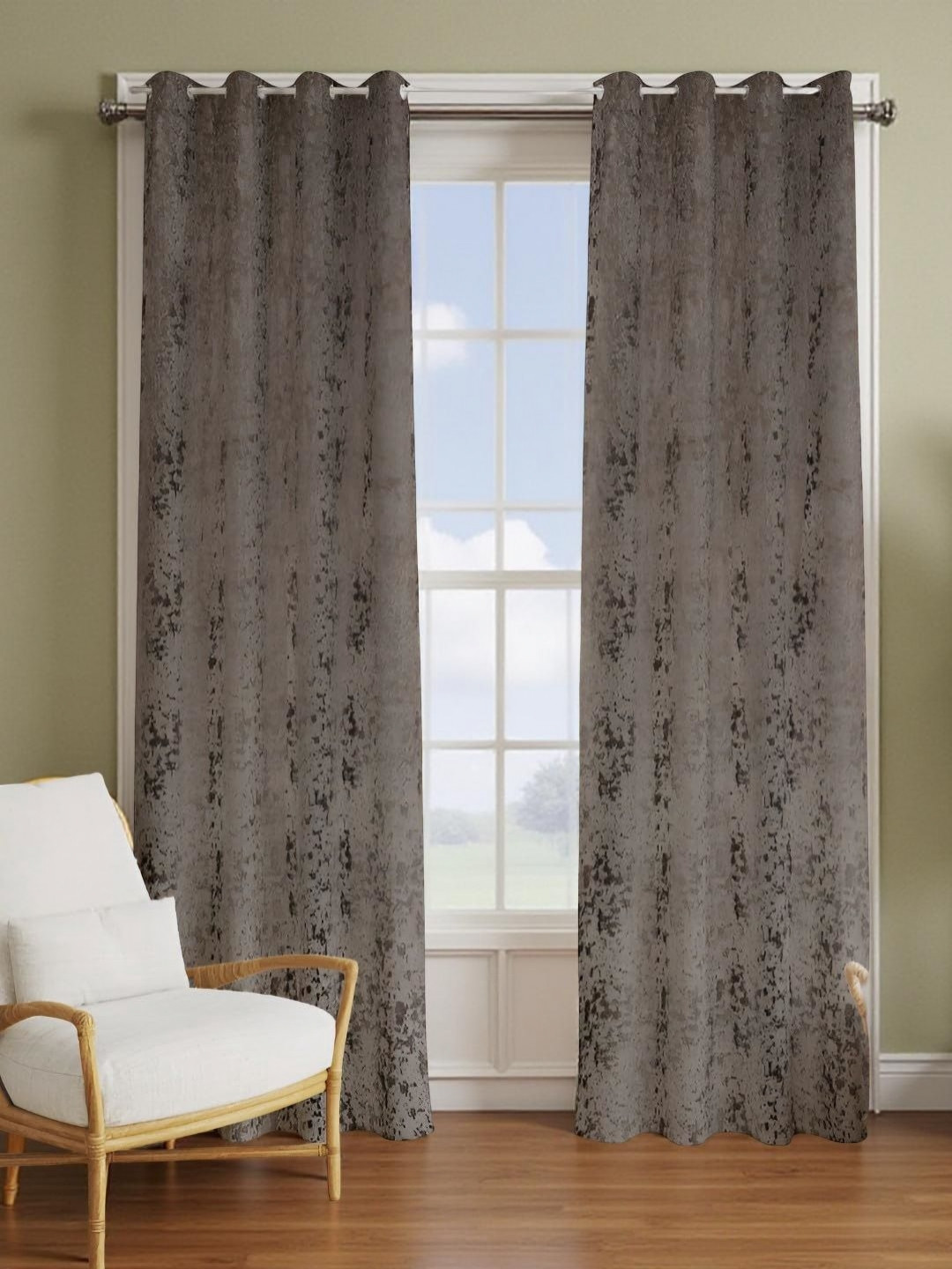 Aura Burnout Coffee Brown 2 Pieces Abstract Room Darkening Velvet Long Door Curtains