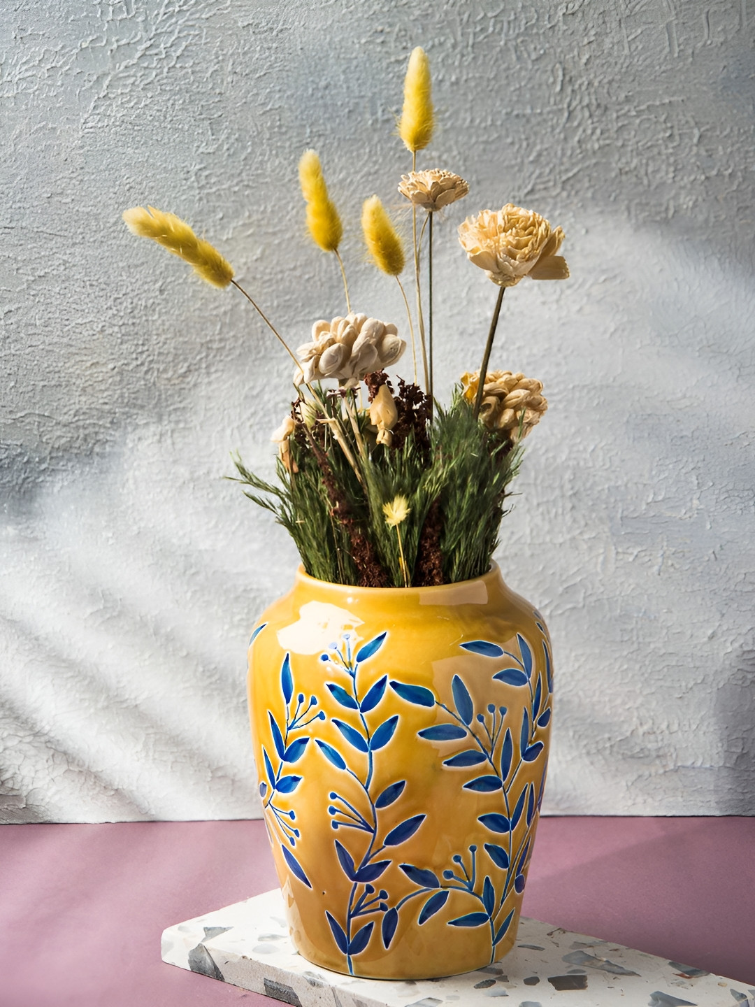 Fabindia Ochre Naintara Yellow & Blue Printed Ceramic Vase