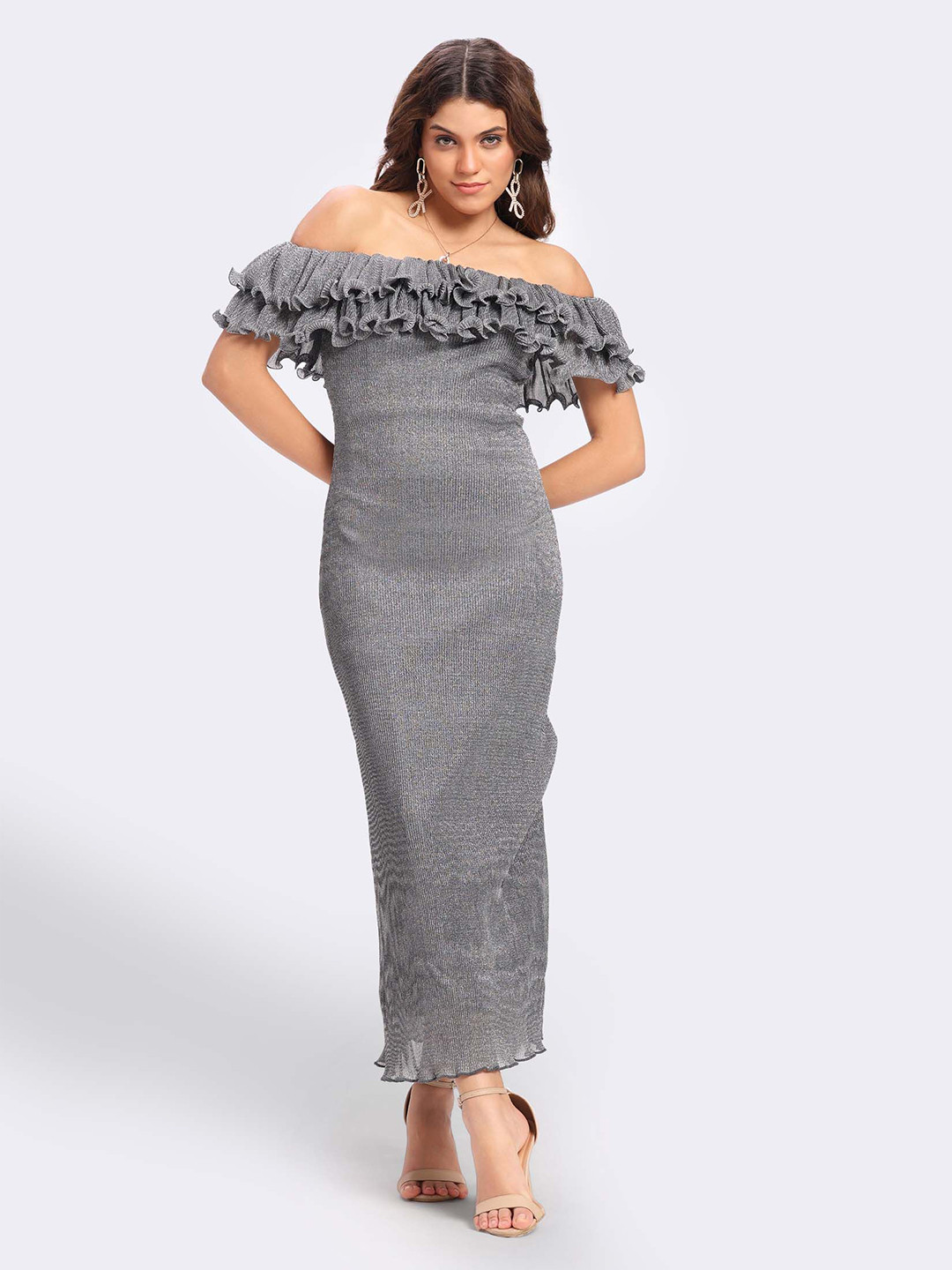 Aanandini Off-Shoulder Flared Sleeve Ruffled Chiffon Bodycon Maxi Dress