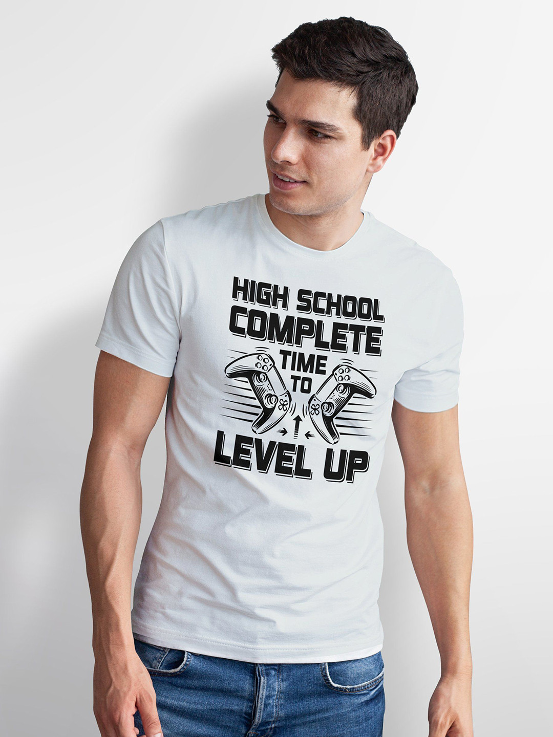 Seekbuylove Men Bio Finish High School Complete Level Up Round Neck Pure Cotton T-shirt