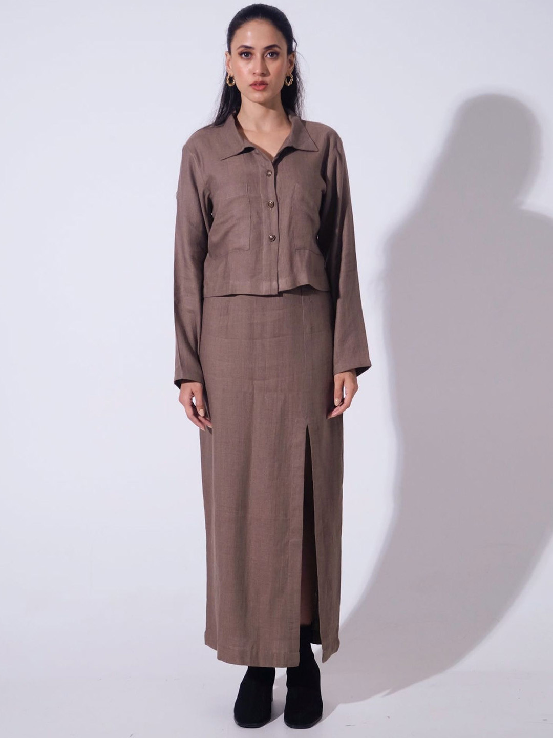 Naava Long Sleeves Jute Cotton Crop Shirt With Long Skirt