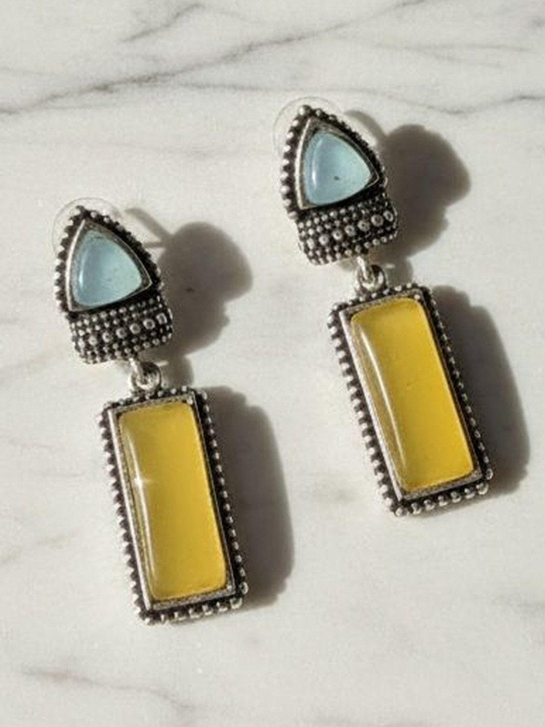 Mantra Enterprise Silver-Plated Stones Studded Oxidised Geometric Shaped Drop Earrings