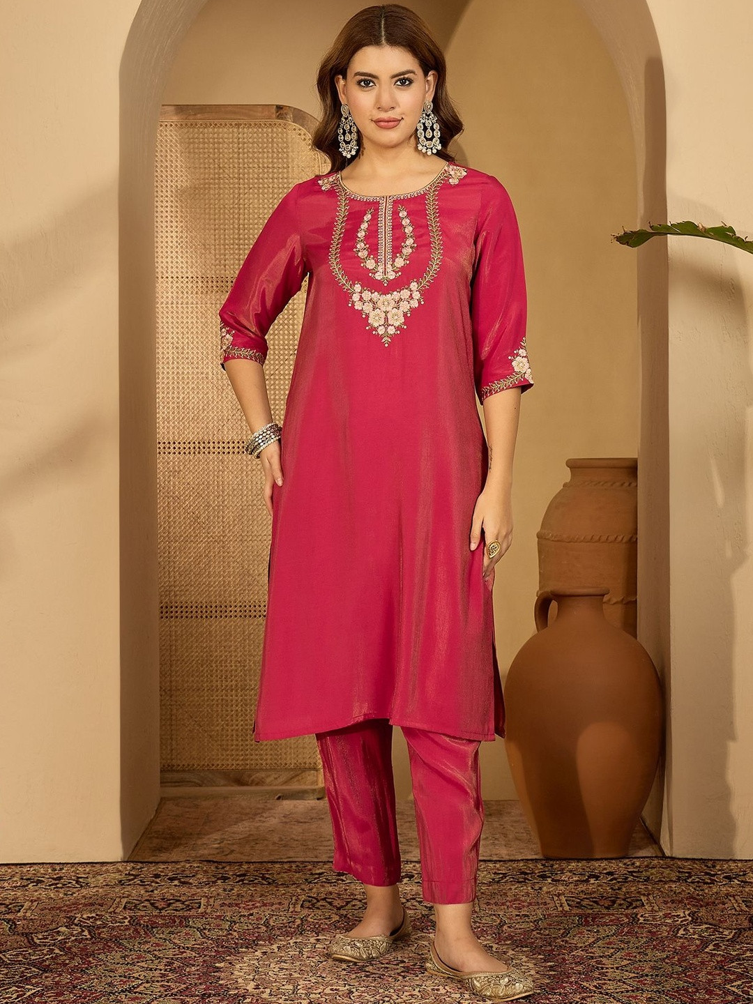 Sangria Women Pink Embroidered Kurta Sets With Dupatta
