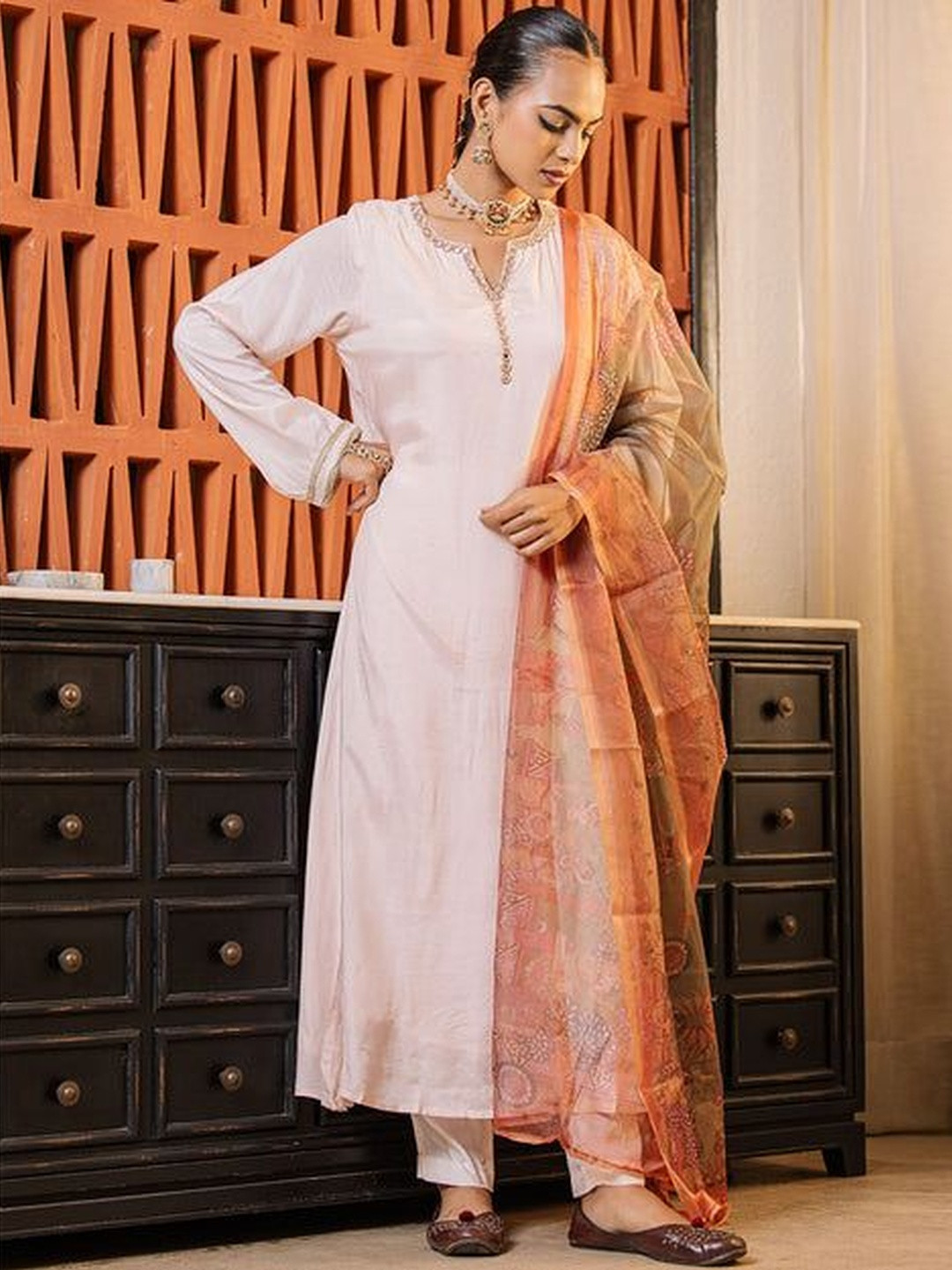 Ambraee Women A-Line Mirror Work Chanderi Kurta With Trousers & Dupatta