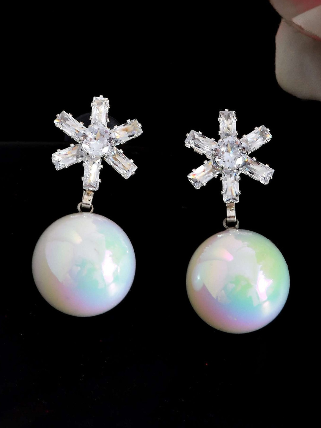 Jewels Nest Stainless Steel Gold-Plated Opal Beaded & Diamond Studded Drop Earrings