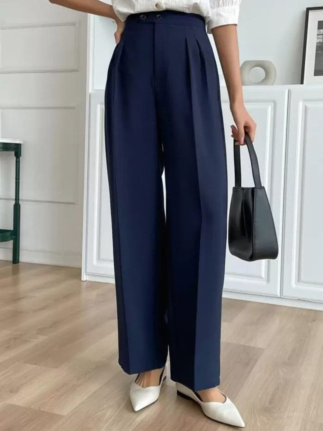 BROADSTAR Women Comfort Loose Fit High-Rise Easy Wash Pleated Korean Pants Trousers