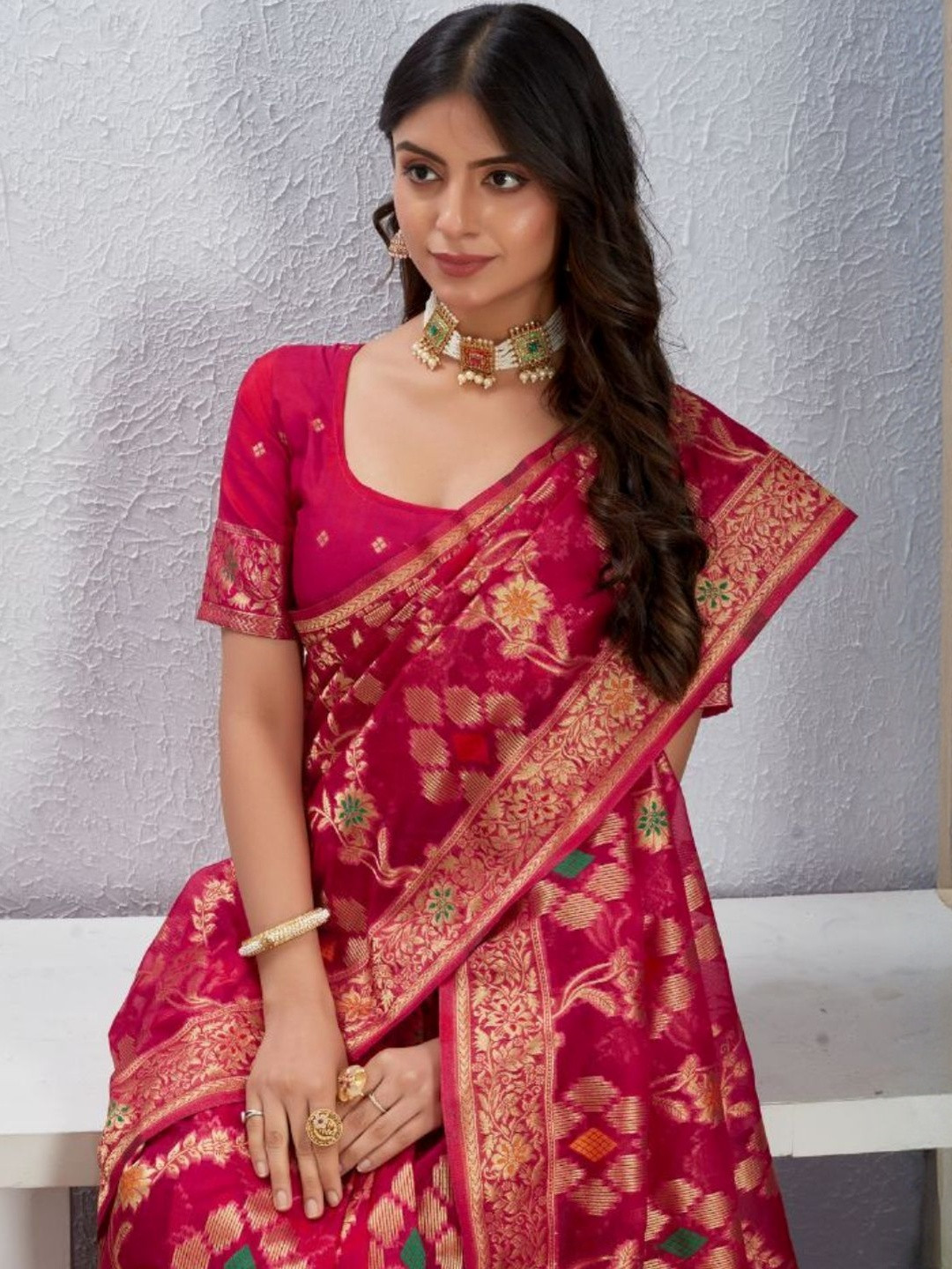 PEACH PIPER Ethnic Motifs Woven Design Zari Banarasi Saree With Blouse