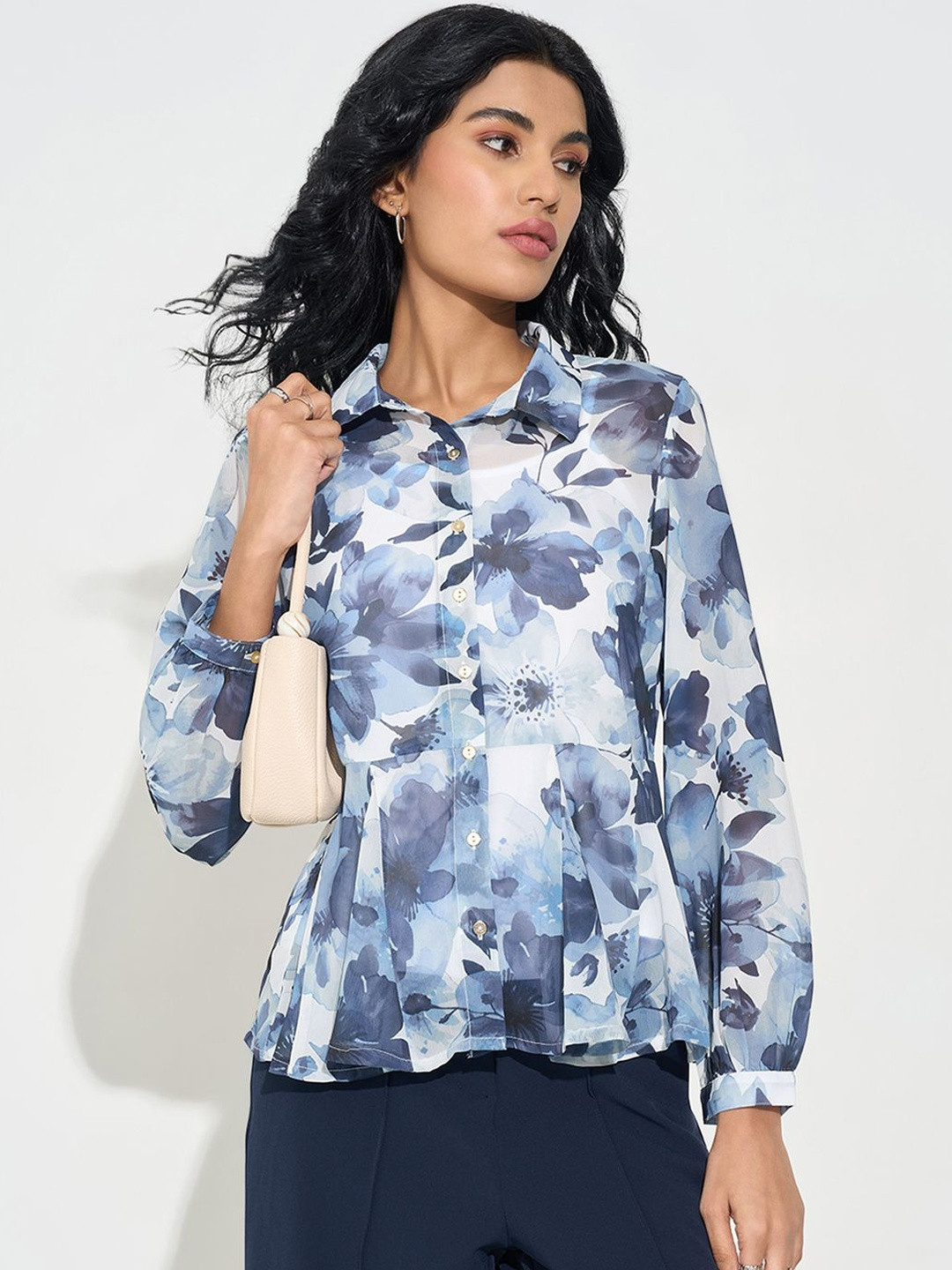 Annabelle by Pantaloons Women Floral Print Shir Collar Peplum Top