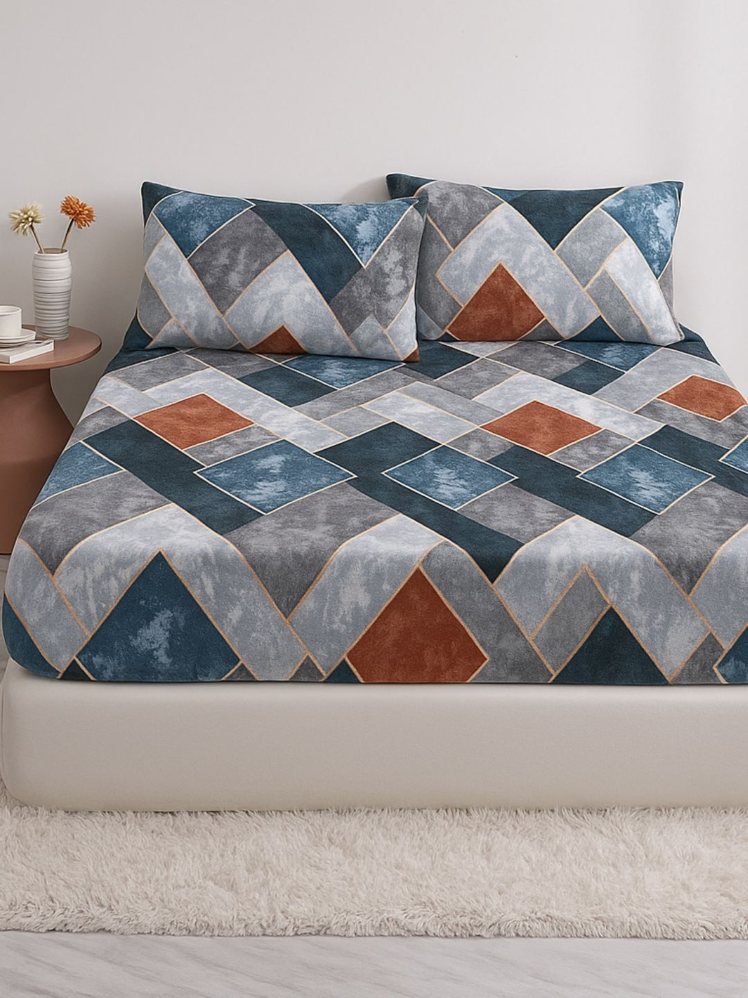 bsb home Blue & Grey Checked 300TC King Bedsheet Set 182.88 mx 218.44 m