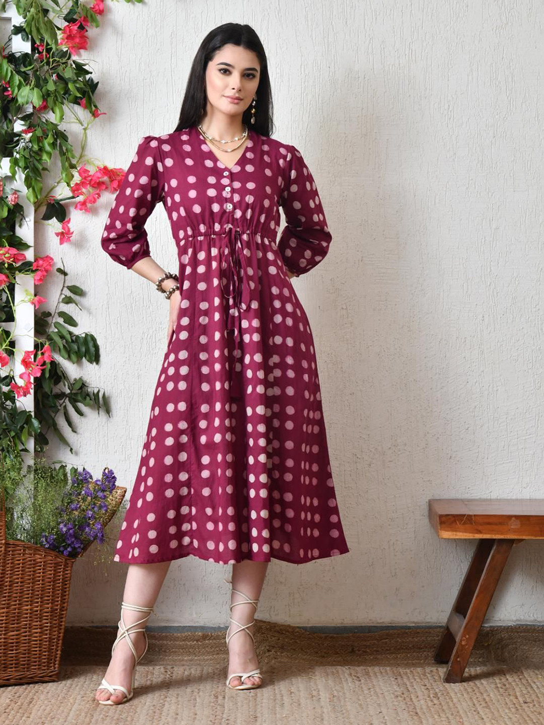 DECKEDUP Women Polka Dot Printed Fit and Flare Midi Dress