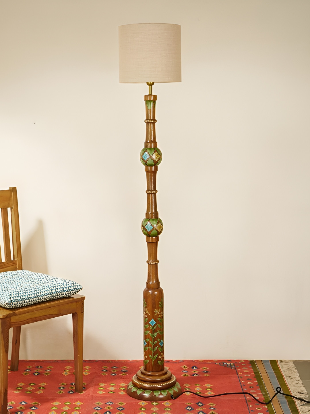 Fabindia Ahan Brown & White Printed Wooden Floor Lamp with Shade