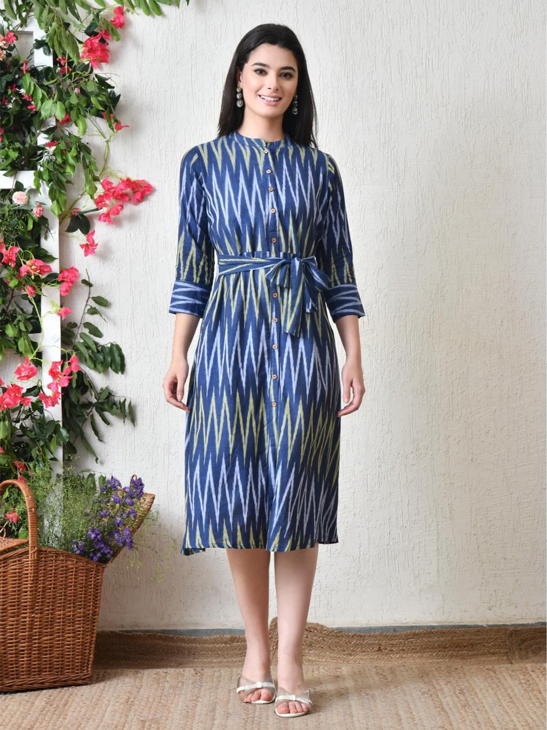 DECKEDUP Ikat Printed Mandarin Collar Belted A-Line Dress