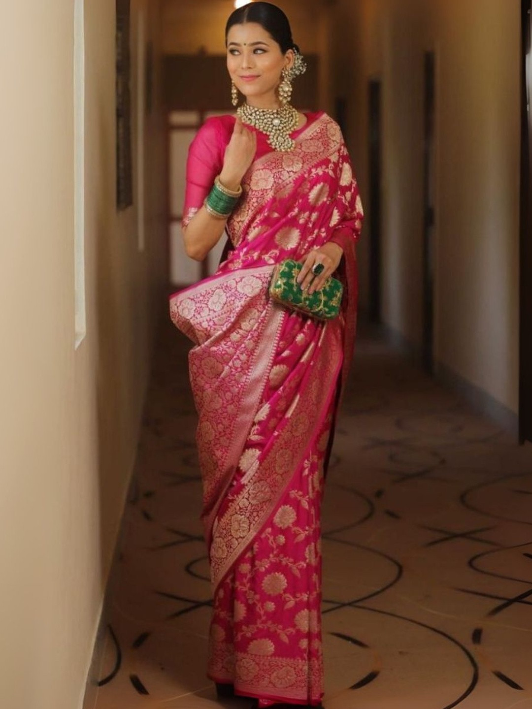 Puretouch Rani Ethnic Motifs Woven Design Zari Heavy Work Banarasi Saree With Blouse Piece