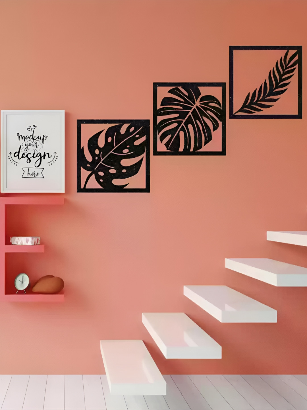 GloShvi 3Pcs Black Leaf Textured Wooden Wall Hanging Decors