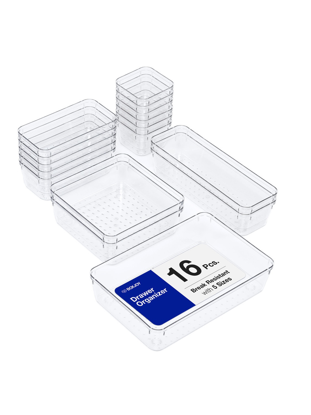 BOXJOY Transparent Set of 16 Transparent Acrylic Makeup Trays & Drawers Organisers