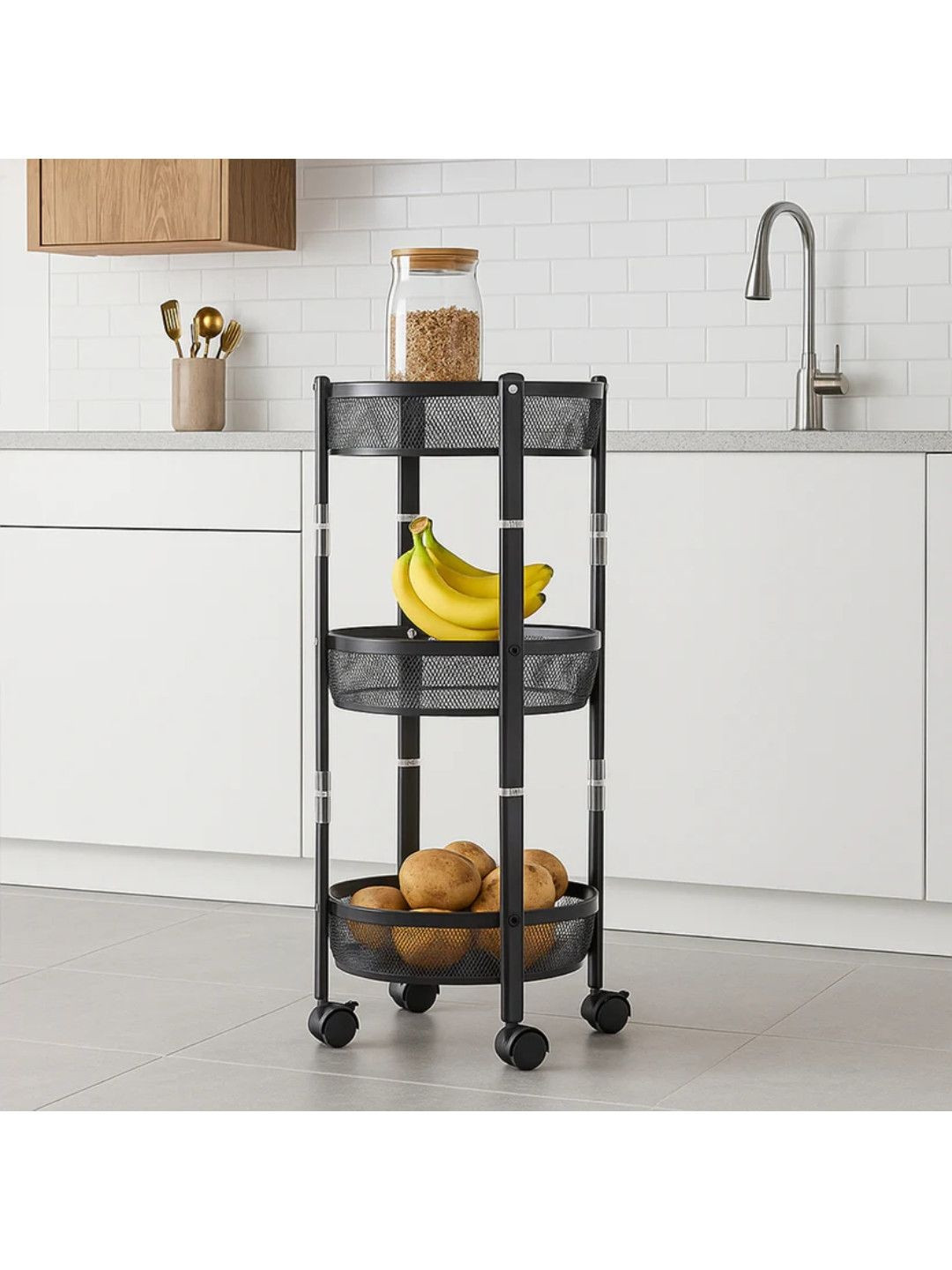 DeoDap 3-Layer Round Metal Mesh Utility Storage Trolley with Wheels