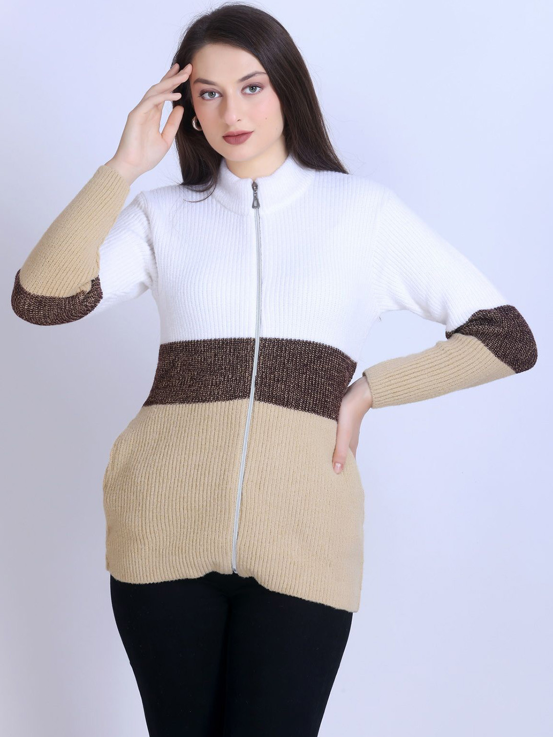 Winter Wonders Striped Colourblocked Mock Collar Long Coat Style Woolen Cardigan