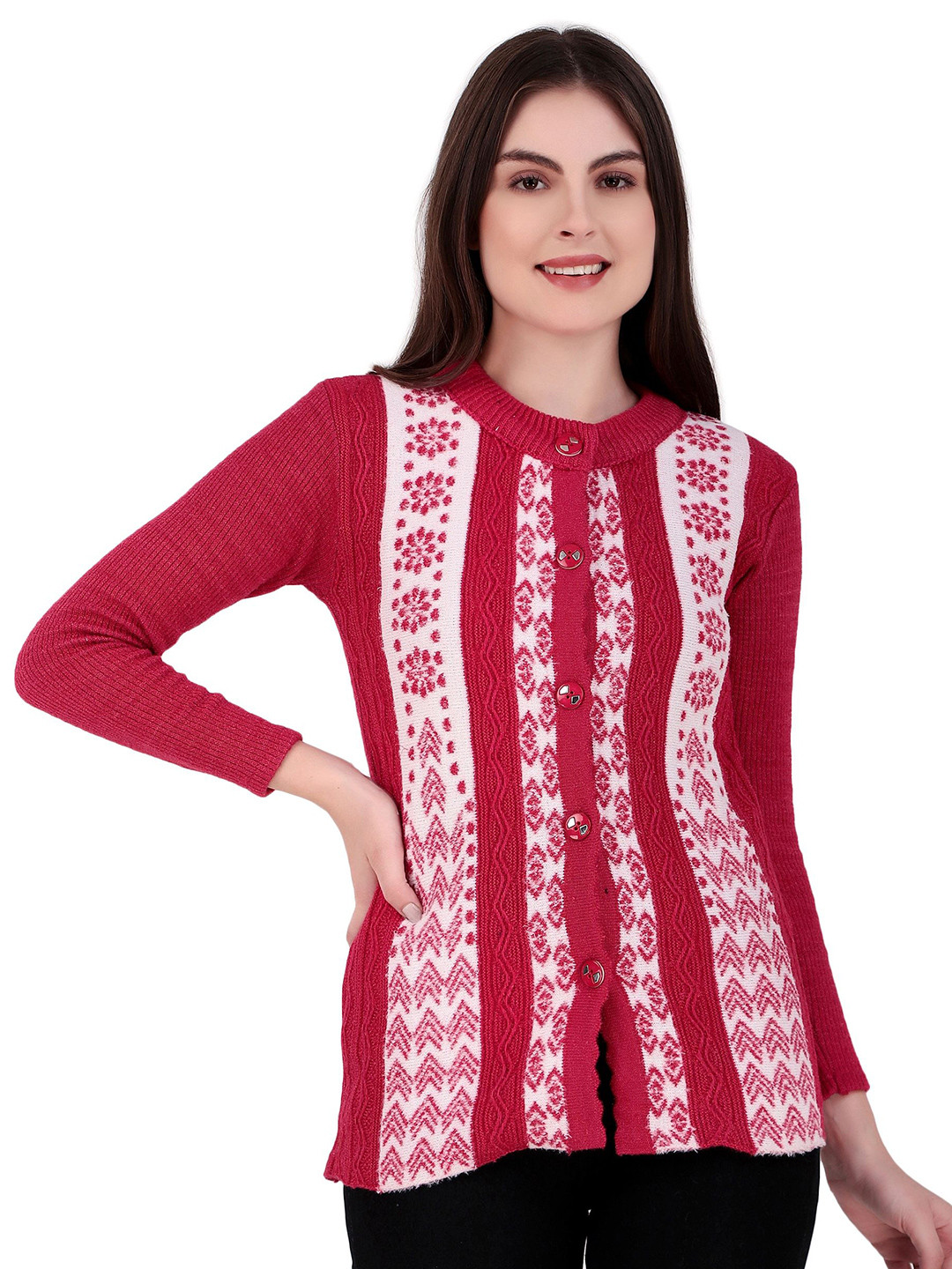 Brazo Wom_Cardigan_04 Women Floral Self Design Round Neck Long Sleeves Cardigan Sweaters