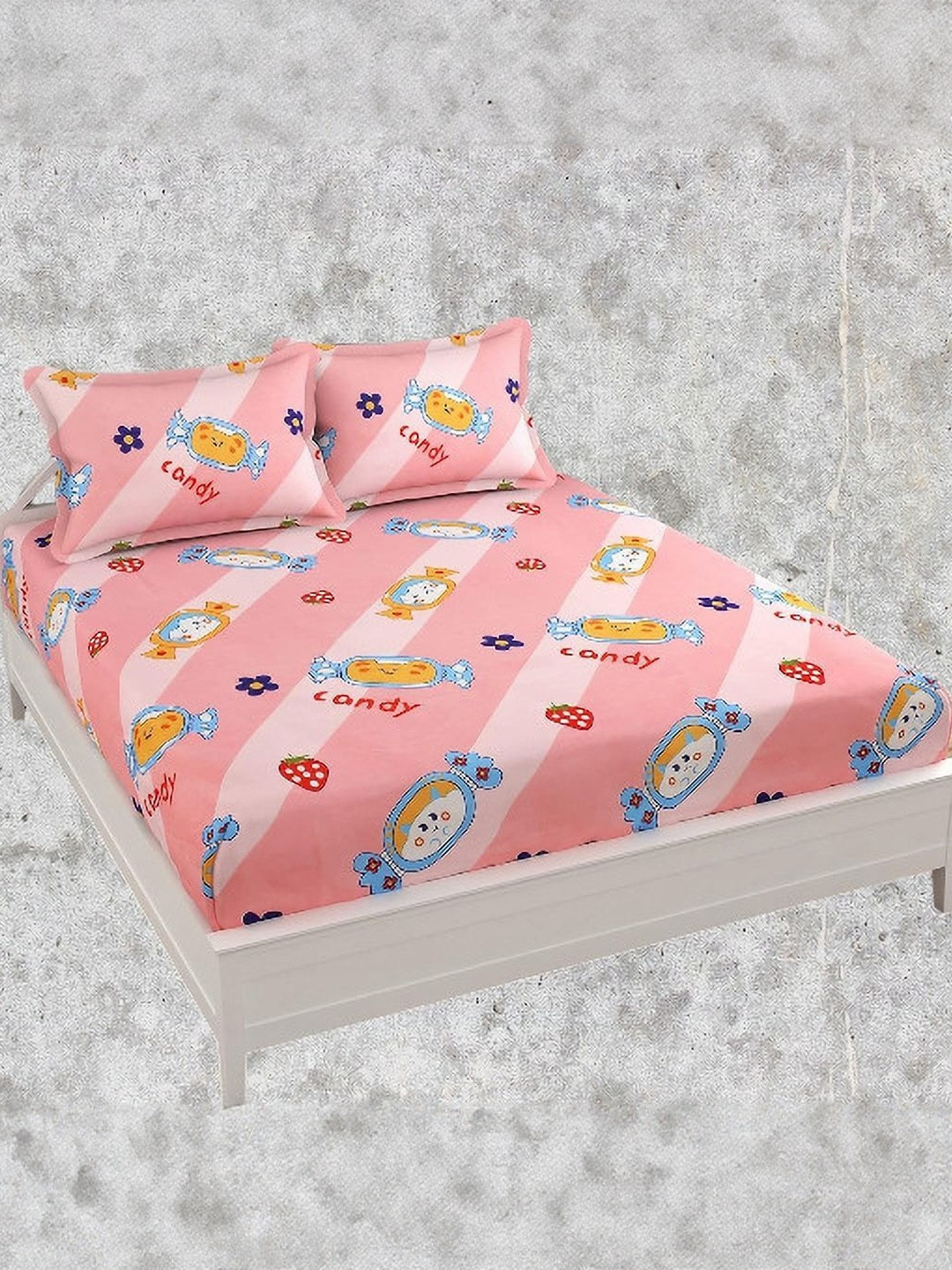 WELLNEST Pink 220 TC Cotton Fitted King Bedsheets