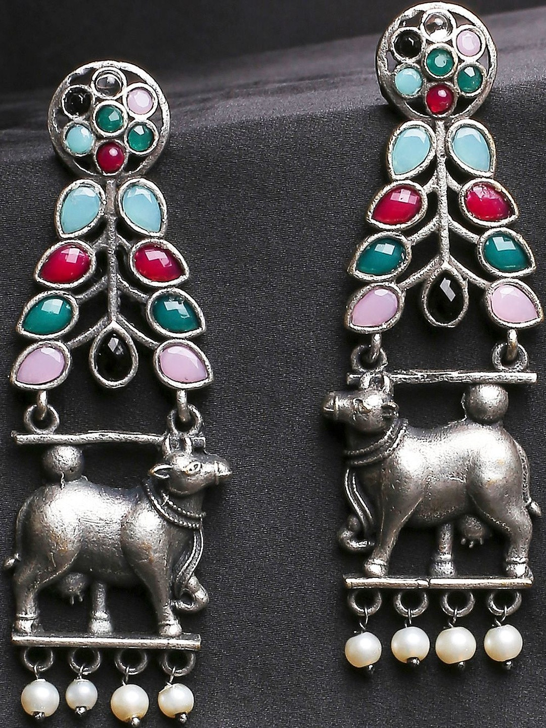 fabula Artificial Stones Studded And Beaded Oxidised Cow Shaped Shaped Drop Earrings