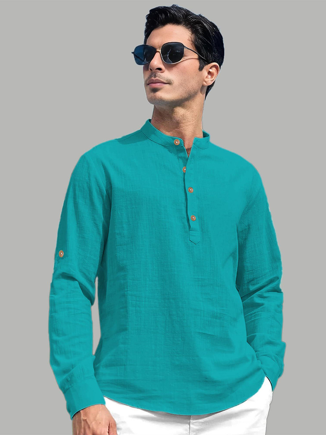 TrendiVastra Band Collar Roll-Up Sleeves Straight Kurta