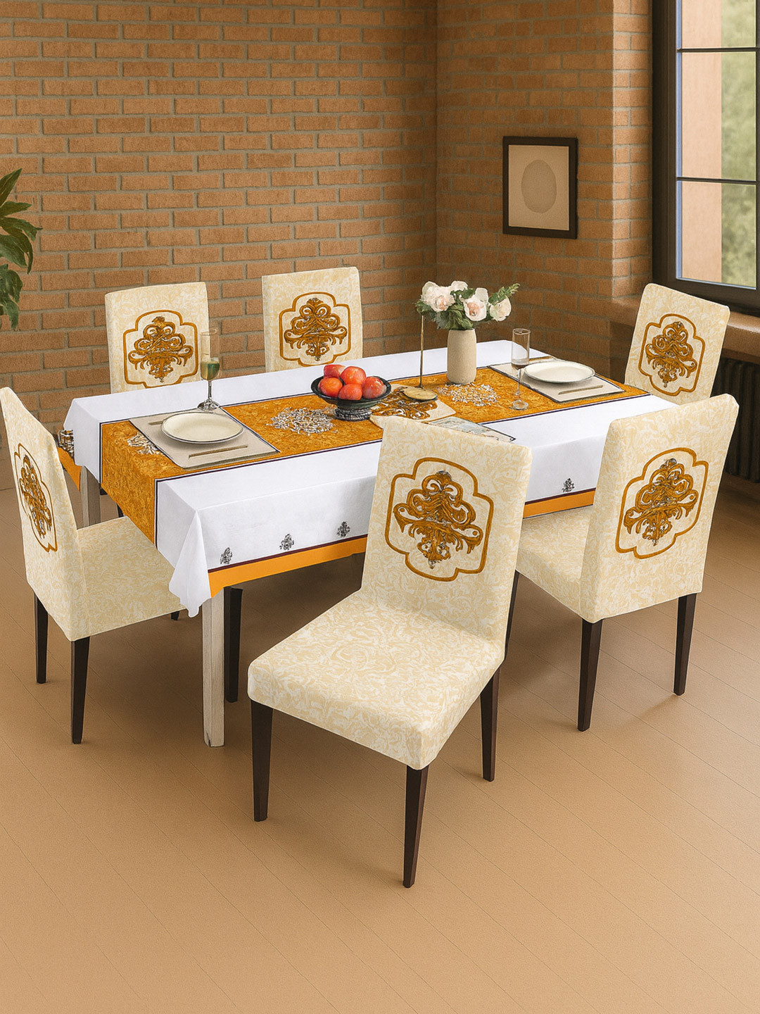 Cortina 7-Pcs Beige & Orange Printed Table Cover & Dining ChairCoverSet