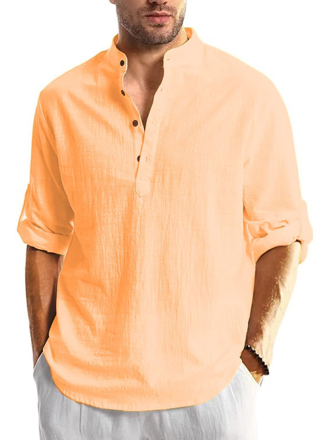 TrendiVastra Mandarin Collar Roll-Up Sleeves Cotton Straight Kurta