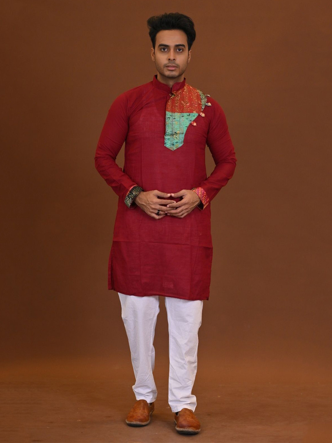 RAM SHYAM collection Men Patchwork Mandarin Collar Straight Kurta