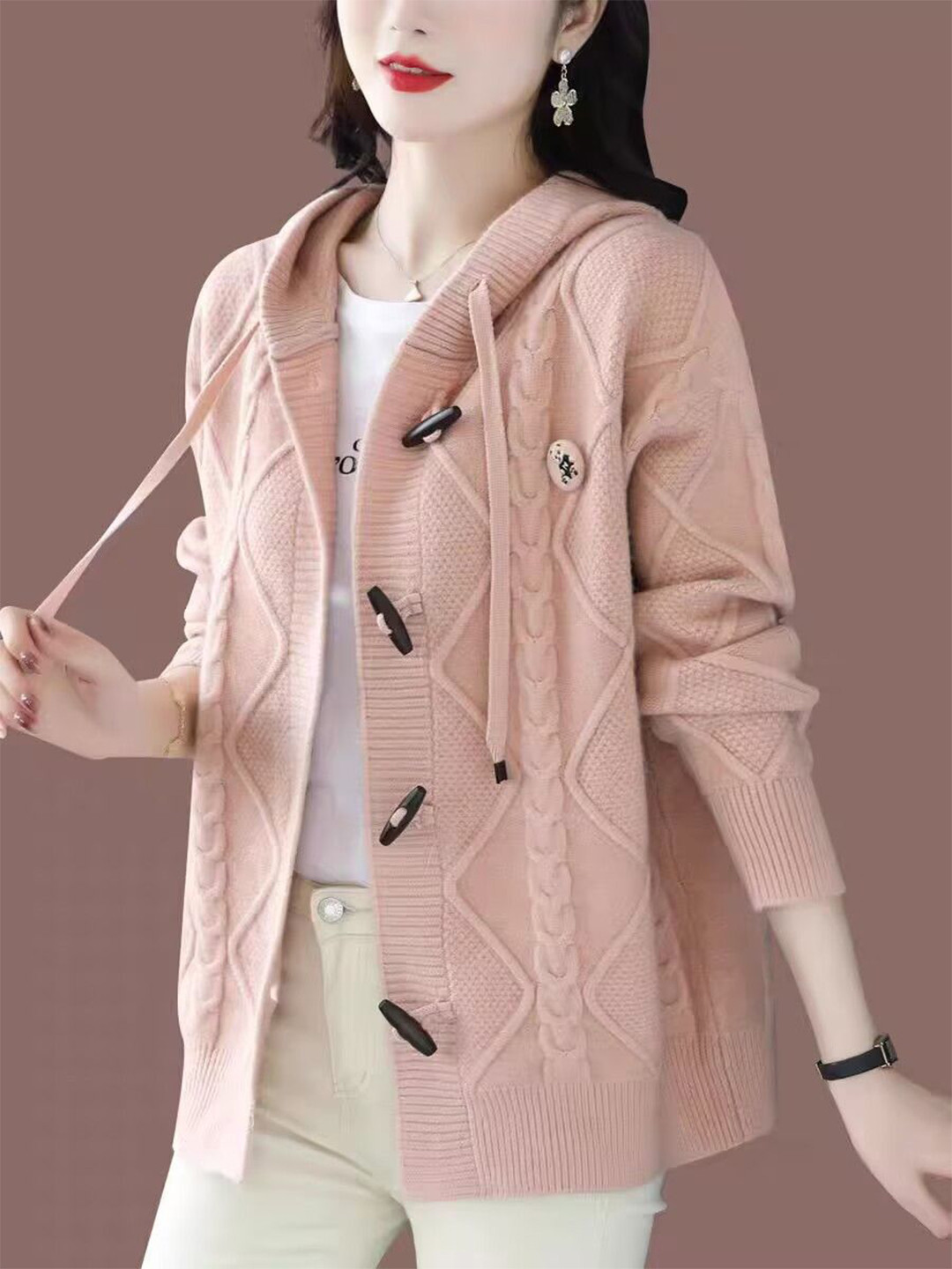 StyleCast Self Design Cable Knit Hooded Cardigan With Toggle Buttons