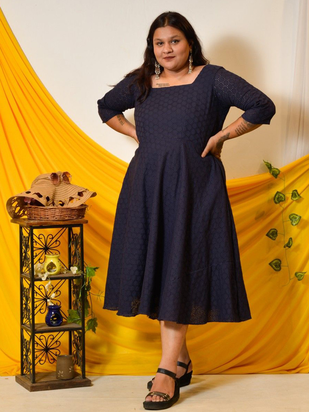 One House Plus Size Self Design Schiffli Fit & Flare Midi Dress