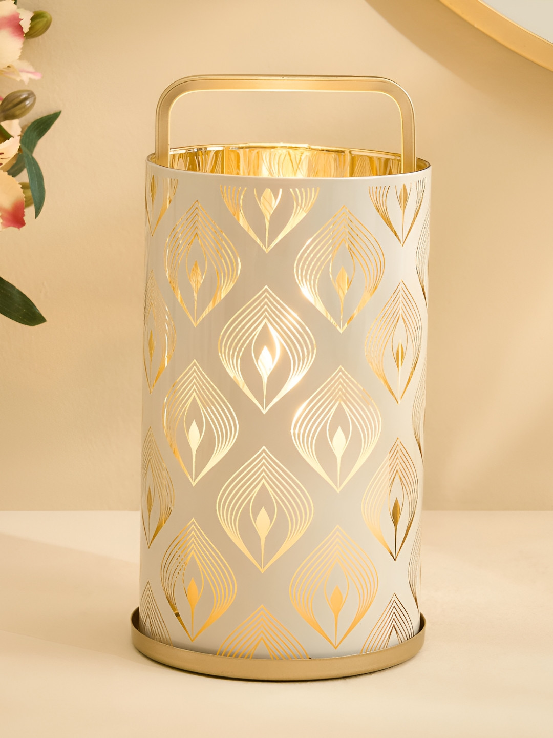 Home Centre Tamaira Gold-Toned & White Printed Hurricane Glass Candle Holder