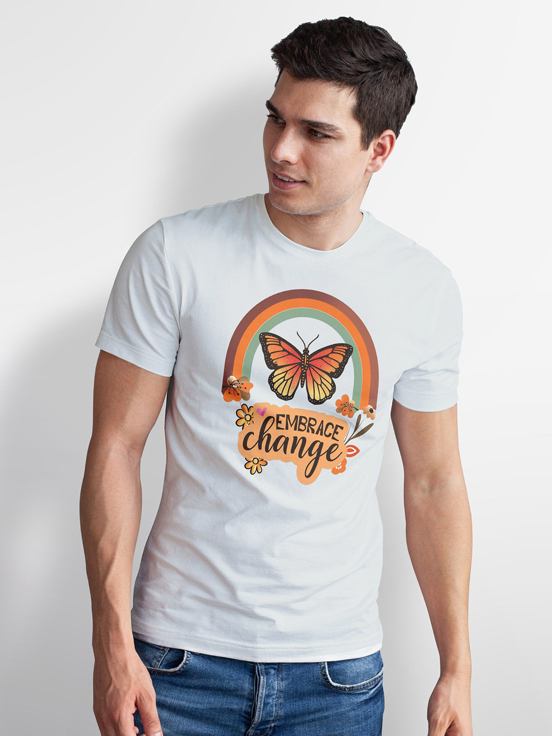 Seekbuylove Men Bio Finish Embrace Change Butterfly Round Neck Pure Cotton T-shirt