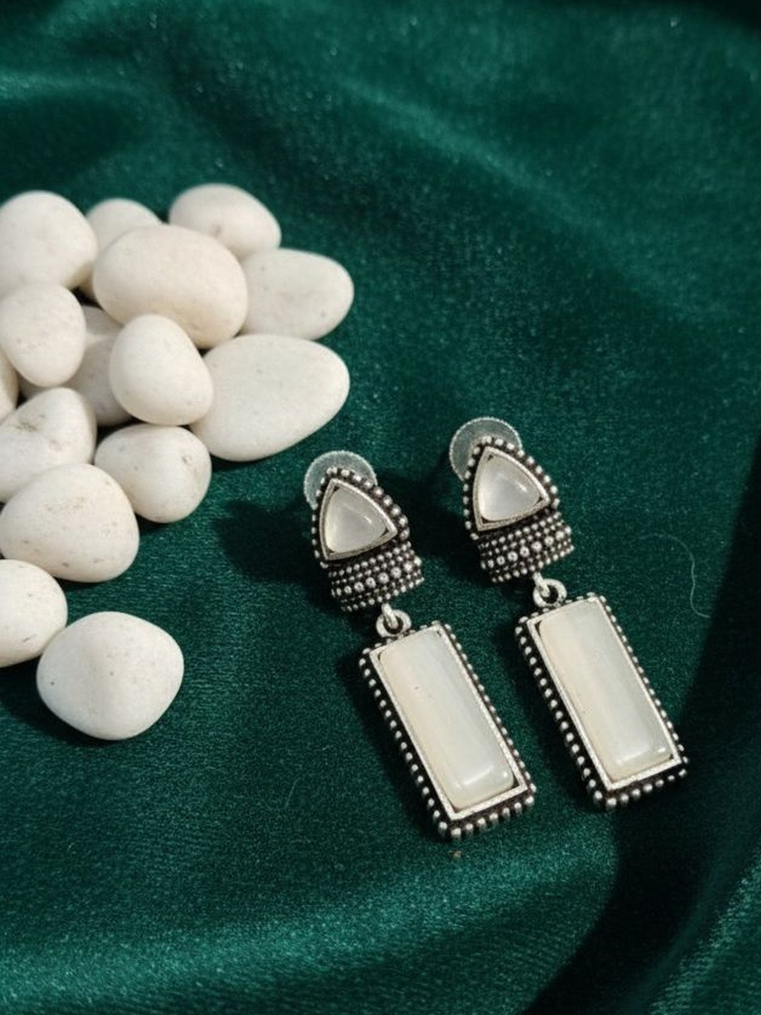 Frap Silver-Plated Artificial Stones Studded Oxidised Geometric Drop Earrings