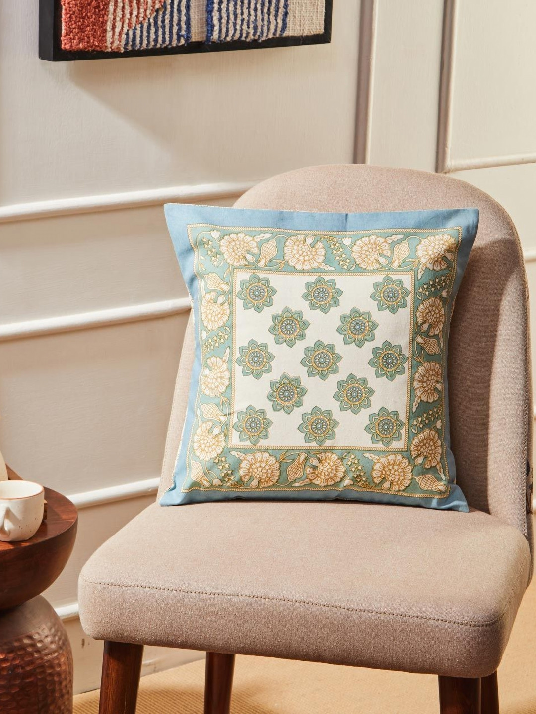 Fabindia Ambara White & Green Floral Printed Cotton Square Cushion Cover