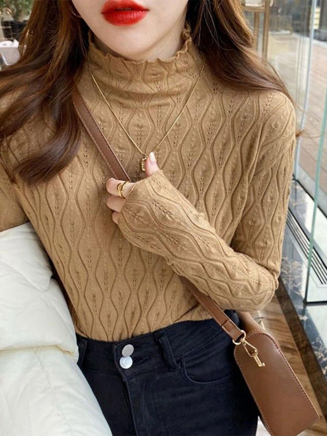 StyleCast Women Textured Diamond Knit Mock Collar Pullover Regular Sweaters